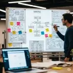 homme qui prépare u projet eb sur un tableau blanc